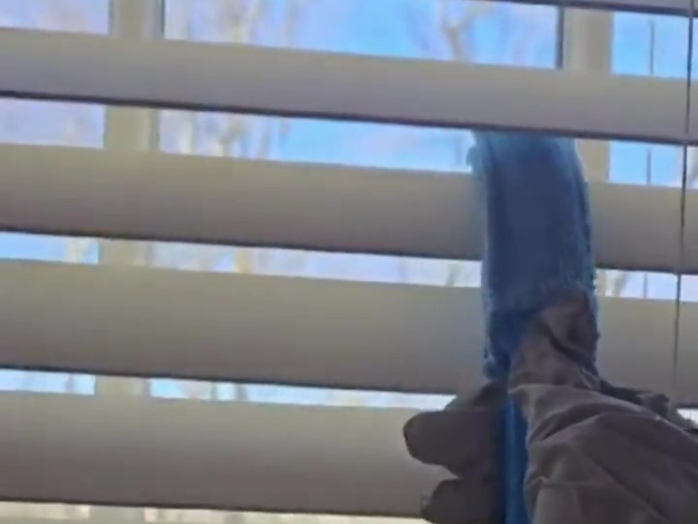 Professional cleaning of blinds and windows with a microfiber tool for a spotless finish.
