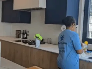 Kitchen cleaning in progress near the sink and window area.