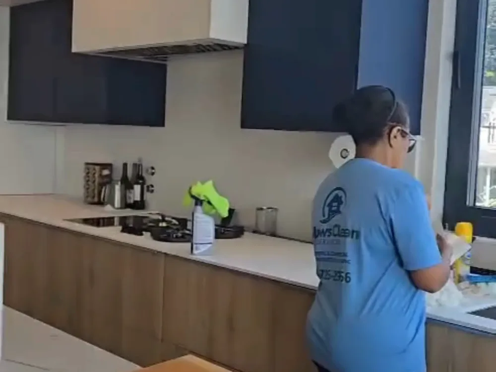 Kitchen cleaning in progress near the sink and window area.