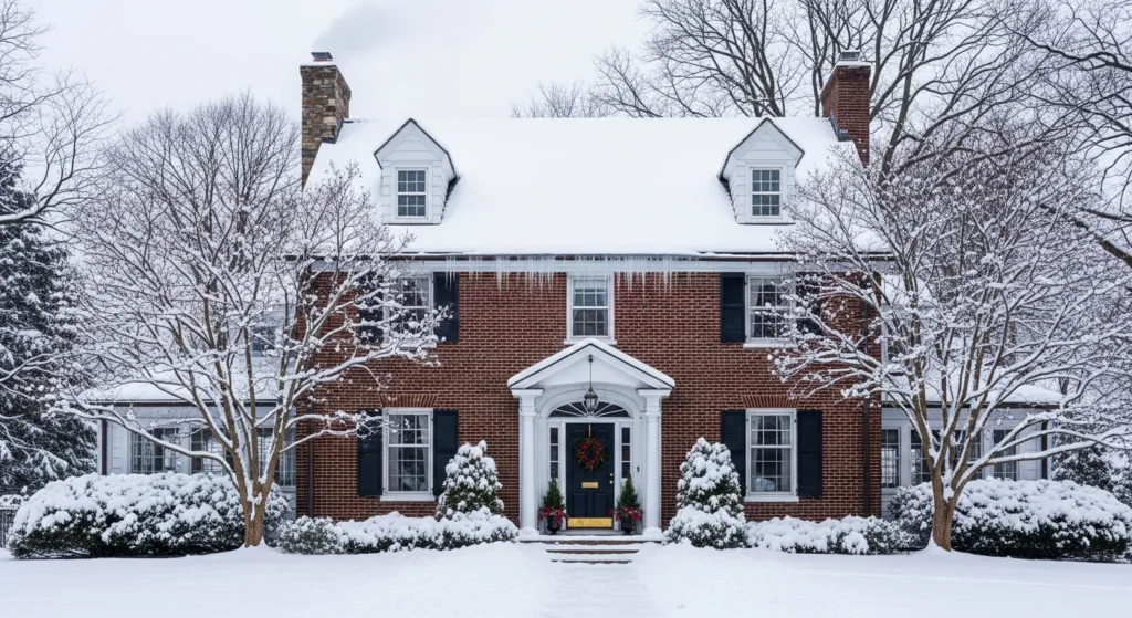 Snow-covered Connecticut home exterior, no people