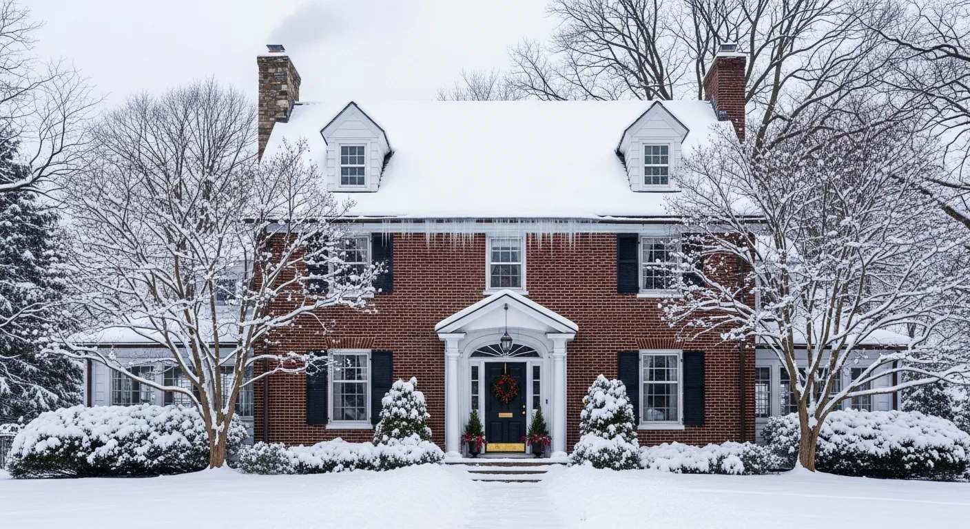 Snow-covered Connecticut home exterior, no people