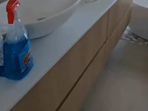 Bathroom cleaning in progress with products and tools on counter.