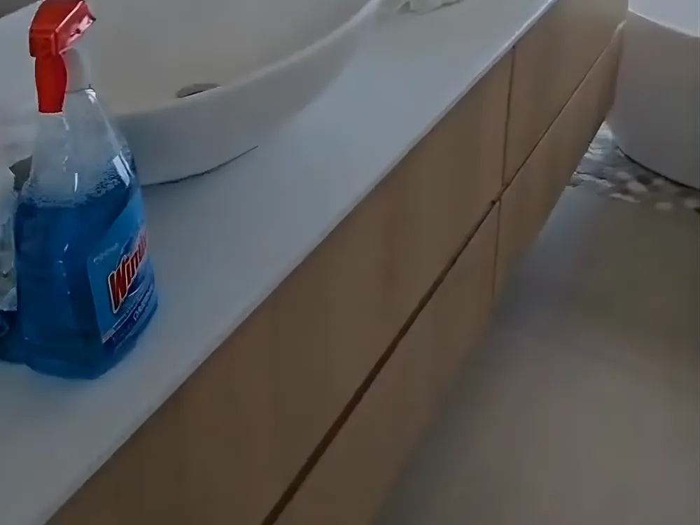 Bathroom cleaning in progress with products and tools on counter.