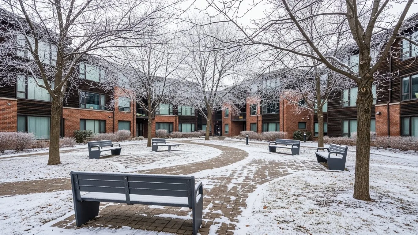Condo holiday cleaning in a Connecticut condominium courtyard during winter, showing clean pathways and well-maintained outdoor seating.