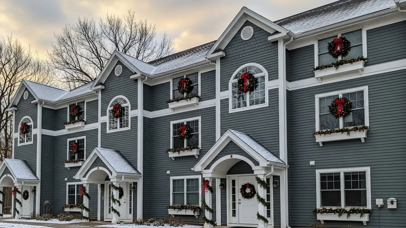 Condo holiday cleaning showcasing a Connecticut townhouse-style condominium decorated for the holidays with clean exteriors.