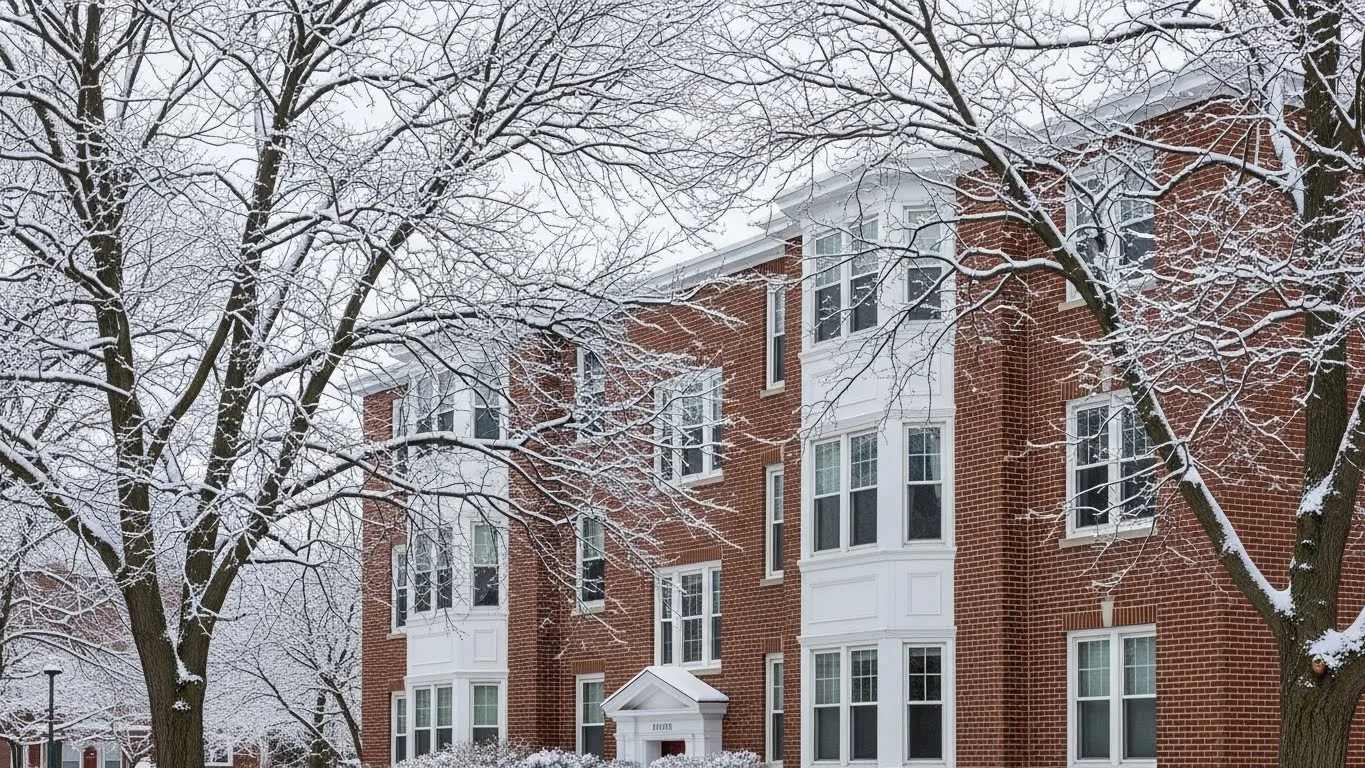 Condo holiday cleaning highlighting a brick condominium exterior in Connecticut with winter trees and a clean, organized appearance.