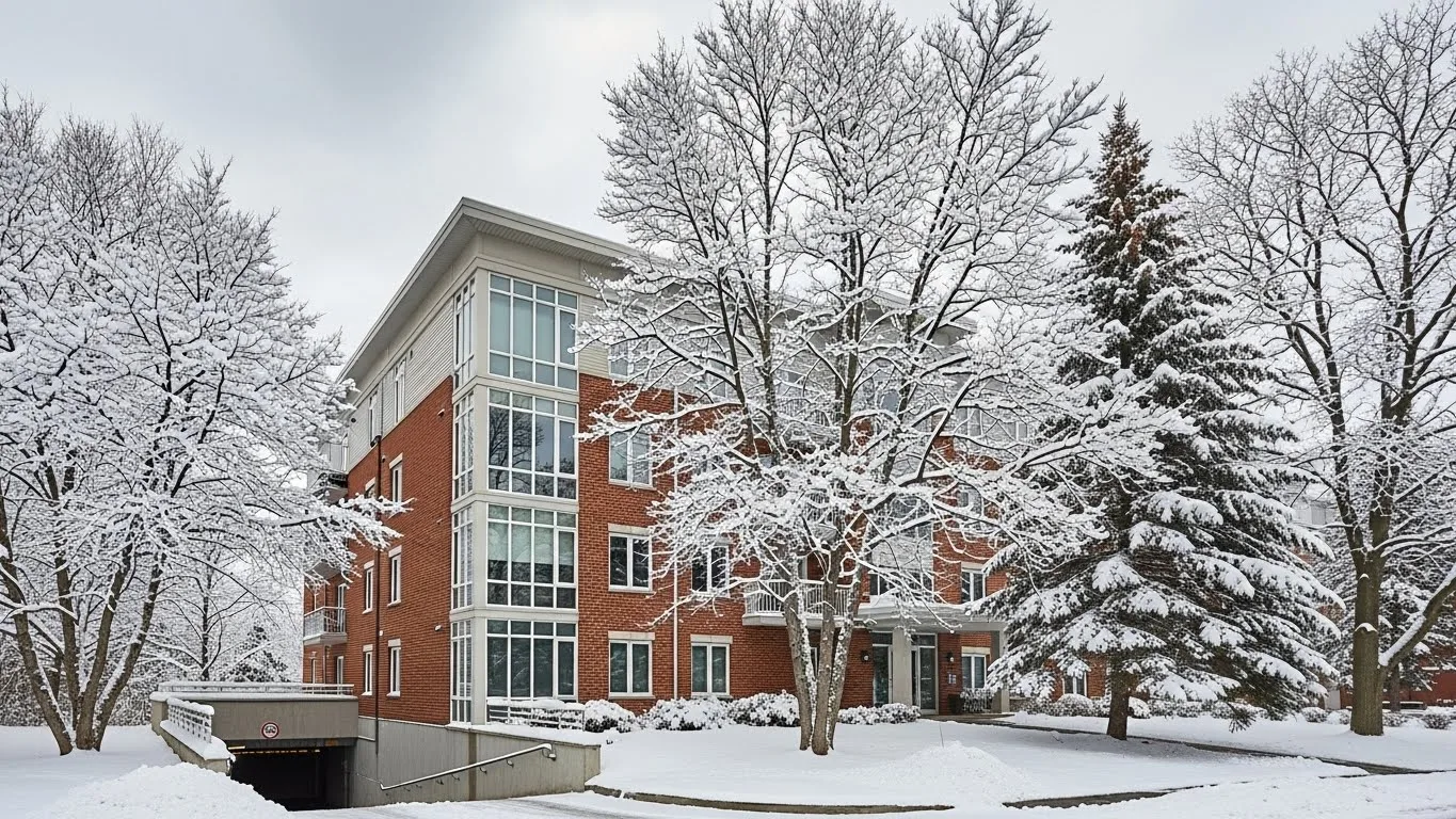 Condo holiday cleaning showcasing a modern Connecticut condominium exterior surrounded by snow and well-maintained landscaping.