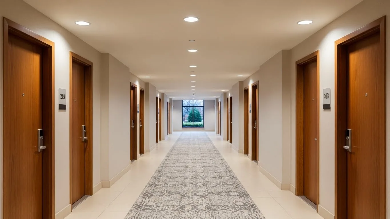 Condo holiday cleaning emphasizing a clean and organized condo hallway in Connecticut with carpeted floors and bright lighting.