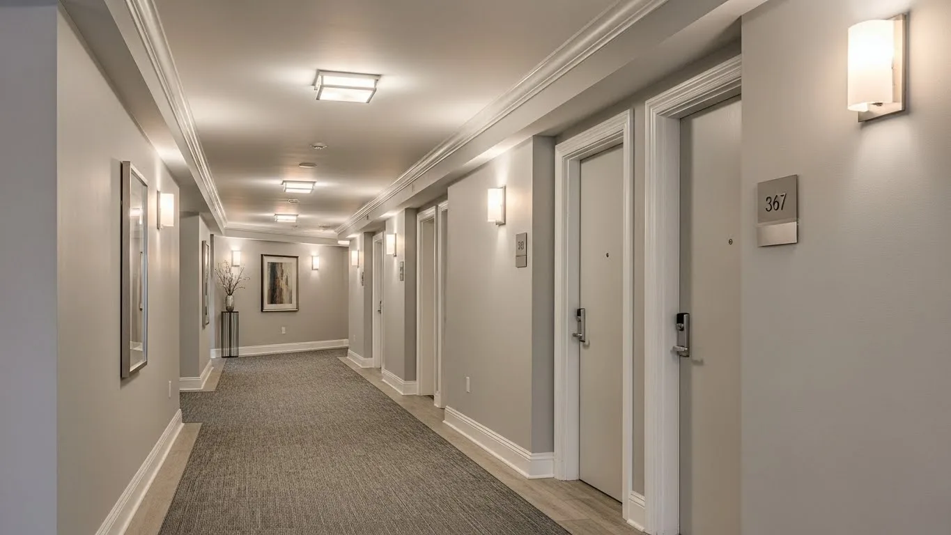 Condo holiday cleaning in a residential hallway, ensuring spotless floors, doors, and common areas in a Connecticut condo building.