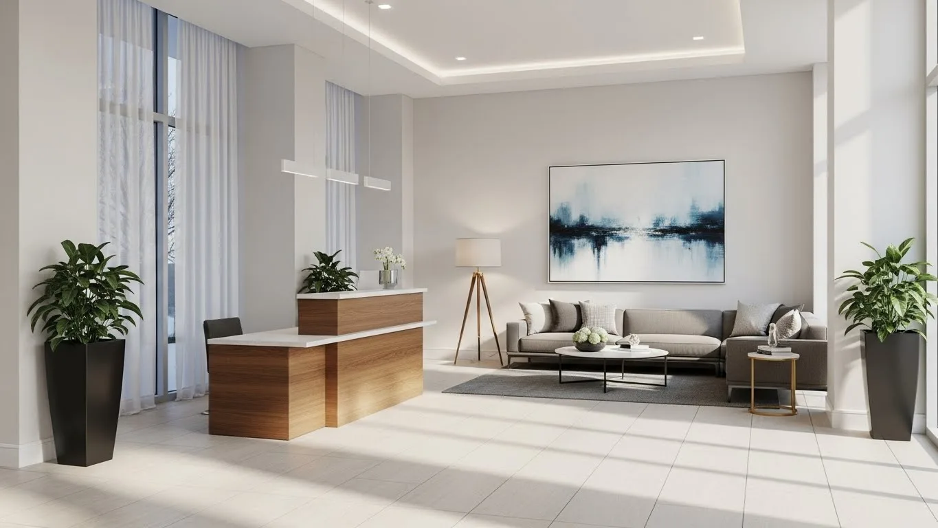 Condo holiday cleaning displayed in a modern condominium lobby in Connecticut with clean floors, furniture, and reception area.