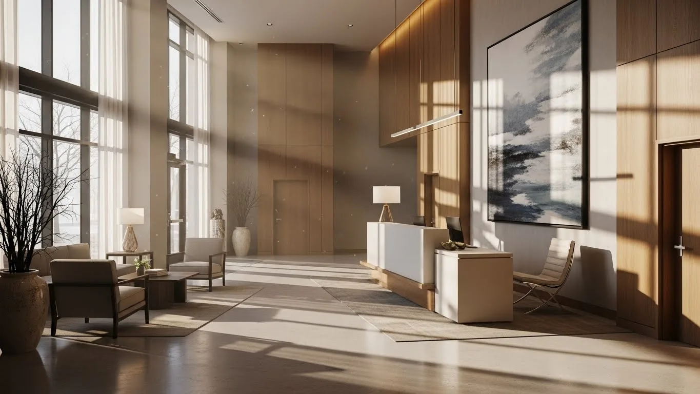 Condo holiday cleaning highlighting a luxury condo lobby in Connecticut prepared for the winter and holiday season.