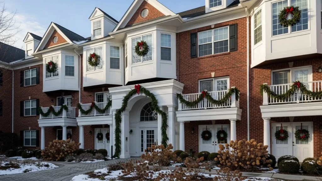 Condo holiday cleaning on a festive Connecticut condominium exterior with holiday decorations and well-maintained common areas.