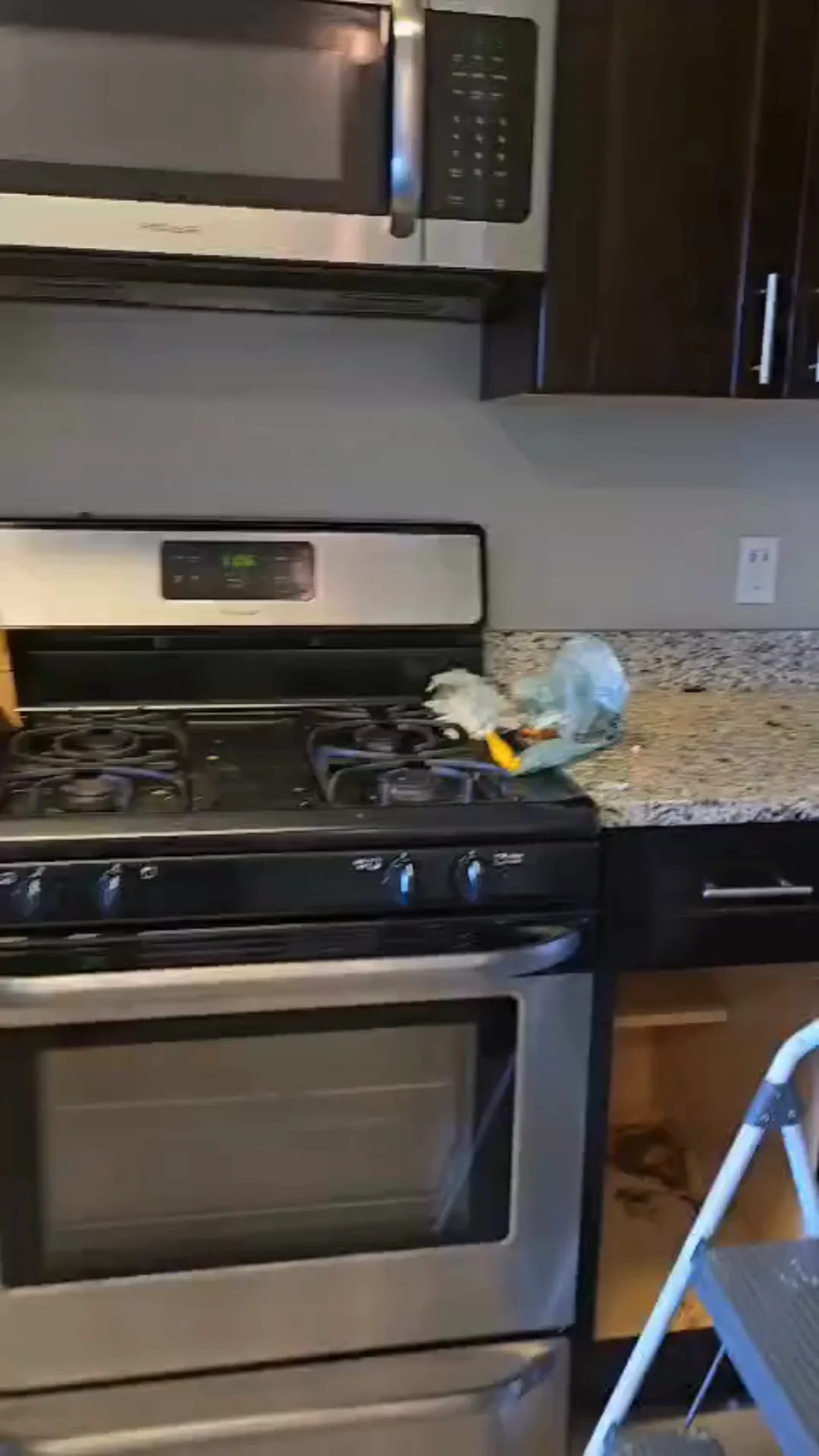 Deep kitchen cleaning with stove and microwave being detailed.