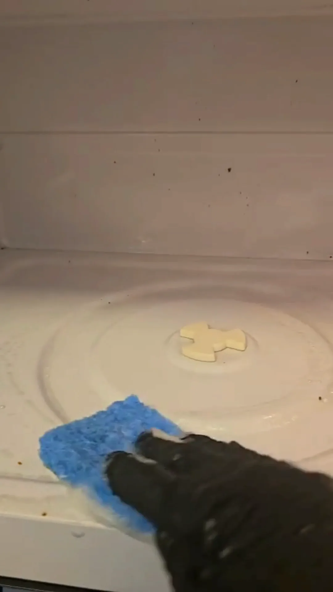 Deep kitchen cleaning inside the microwave with scrubbing sponge.