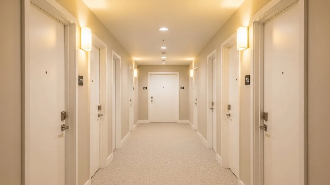 Condo Hallway with clean carpet, neutral walls, and well-lit doors in a modern residential building