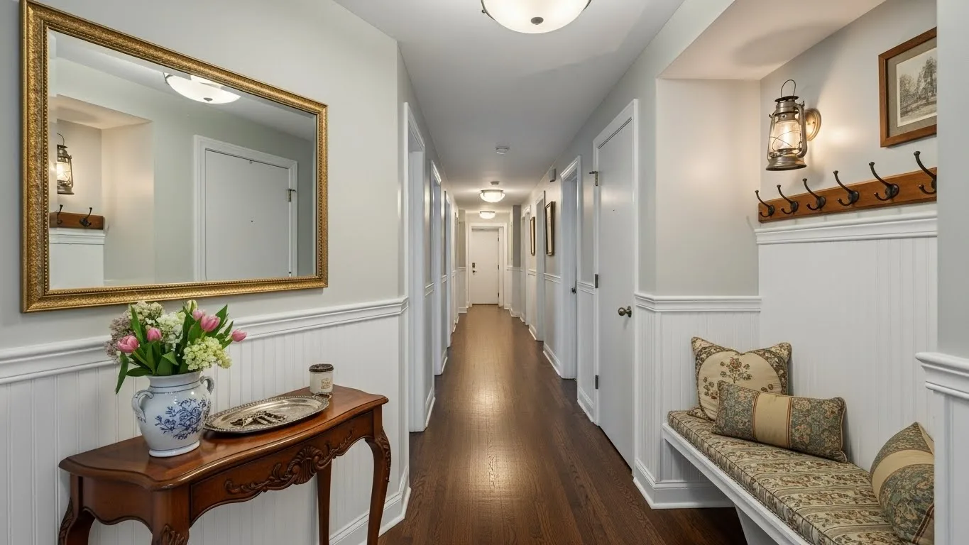 Condo Hallway featuring wood floors, decorative mirror, bench seating, and a welcoming residential design
