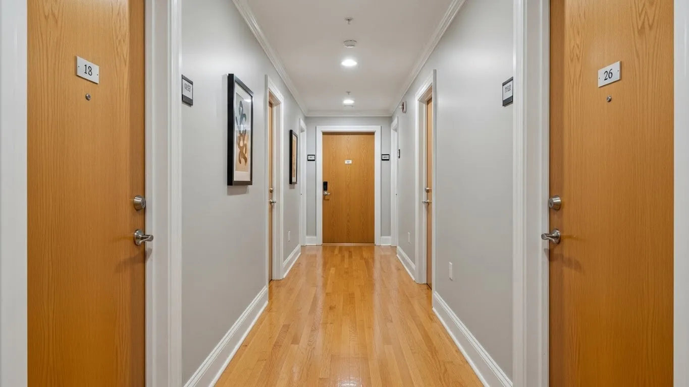 Condo Hallway with polished hardwood floors, numbered doors, and bright ceiling lighting