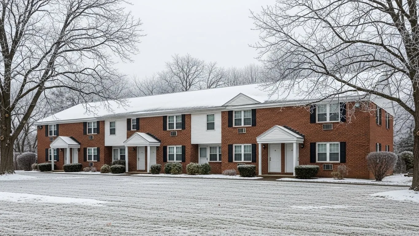 Condo Hallway exterior perspective showing multi-unit residential buildings in a snowy winter setting