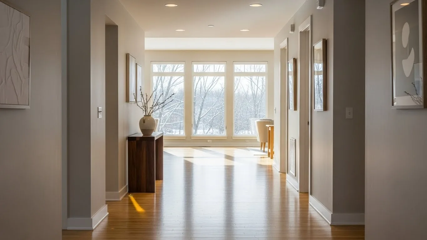 Condo Hallway interior with natural light, hardwood floors, and winter scenery visible through windows
