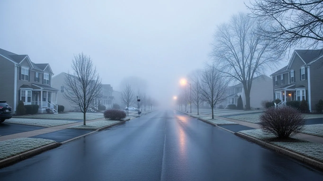 Winter mold CT concerns in foggy suburban Connecticut neighborhood