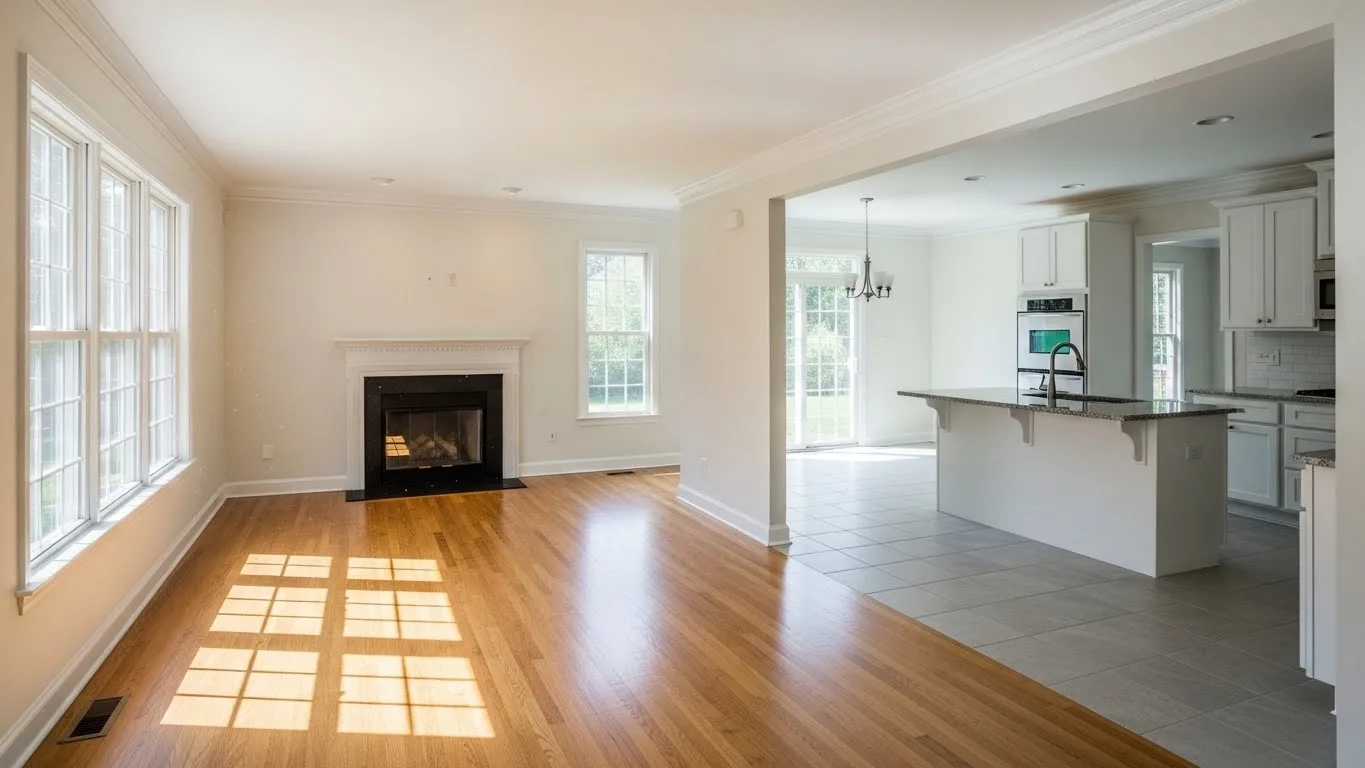 Winter move out cleaning of an empty Connecticut home interior, showcasing clean hardwood floors and bright natural light.
