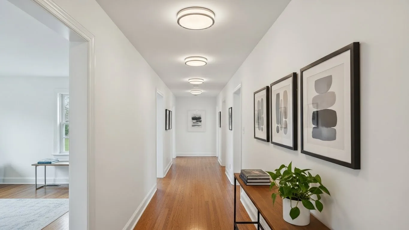 Winter move out cleaning of a modern Connecticut rental hallway with spotless floors and organized decor.
