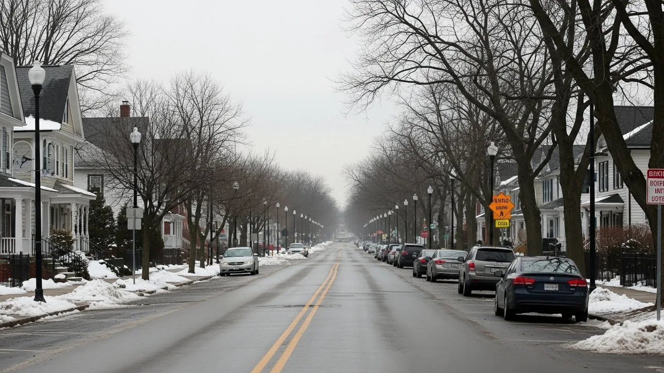 Winter move out cleaning context in a Connecticut neighborhood during winter, showing local residential surroundings.