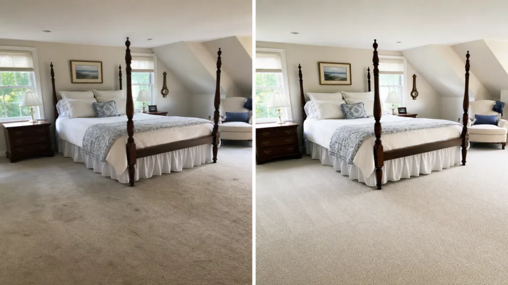A 'Before and After' split-image comparison demonstrating a dramatic transformation. The left panel shows a traditional attic bedroom with a dark wood four-poster bed and beige carpet that is visibly discolored and unevenly stained. The right panel shows the identical room with the same furnishings, but the carpet has been professionally cleaned and is now a pristine, uniform light beige, appearing new. This demonstrates effective Carpet stain removal in CT services. Both panels feature the same furniture, including the dark wood four-poster bed with a patterned blue and white duvet, matching nightstands with lamps, an upholstered chair, and a clock on the wall, under a slanted ceiling with two windows.