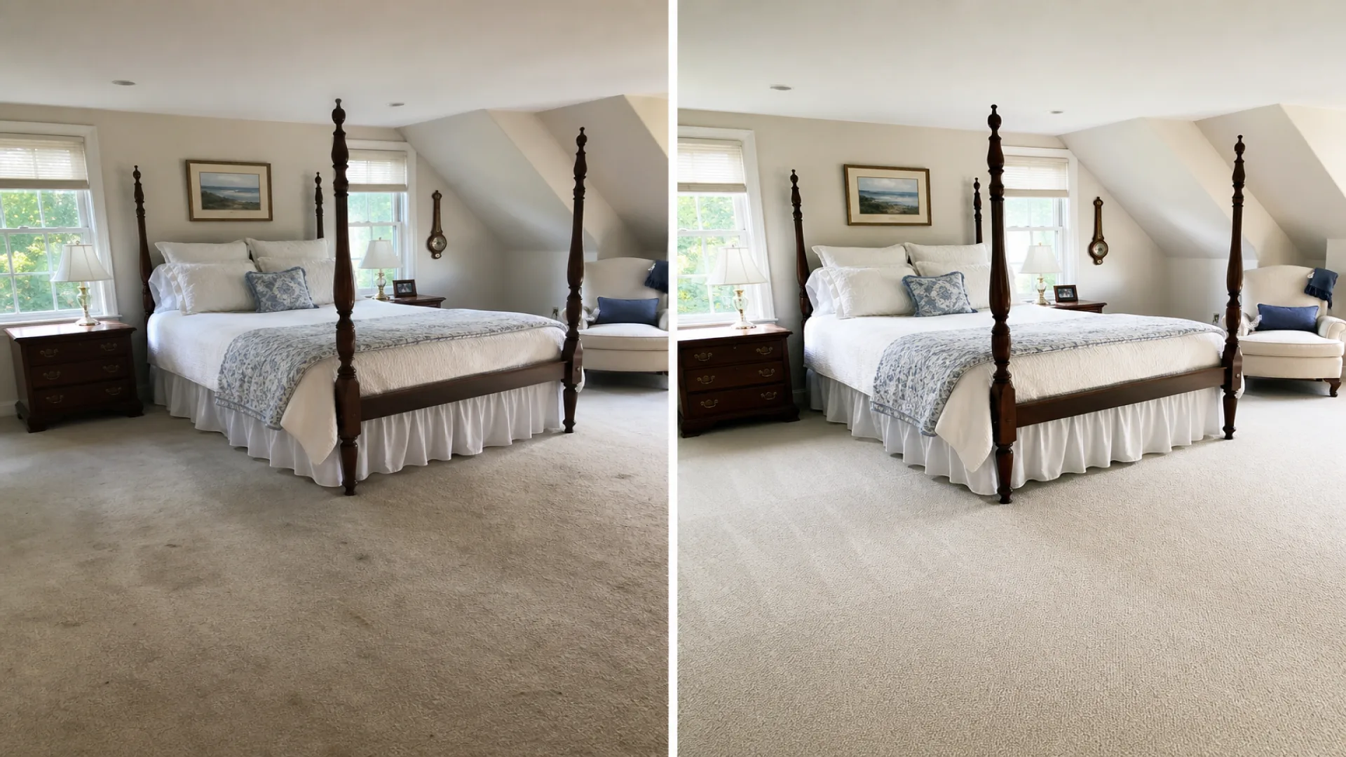 A 'Before and After' split-image comparison demonstrating a dramatic transformation. The left panel shows a traditional attic bedroom with a dark wood four-poster bed and beige carpet that is visibly discolored and unevenly stained. The right panel shows the identical room with the same furnishings, but the carpet has been professionally cleaned and is now a pristine, uniform light beige, appearing new. This demonstrates effective Carpet stain removal in CT services. Both panels feature the same furniture, including the dark wood four-poster bed with a patterned blue and white duvet, matching nightstands with lamps, an upholstered chair, and a clock on the wall, under a slanted ceiling with two windows.