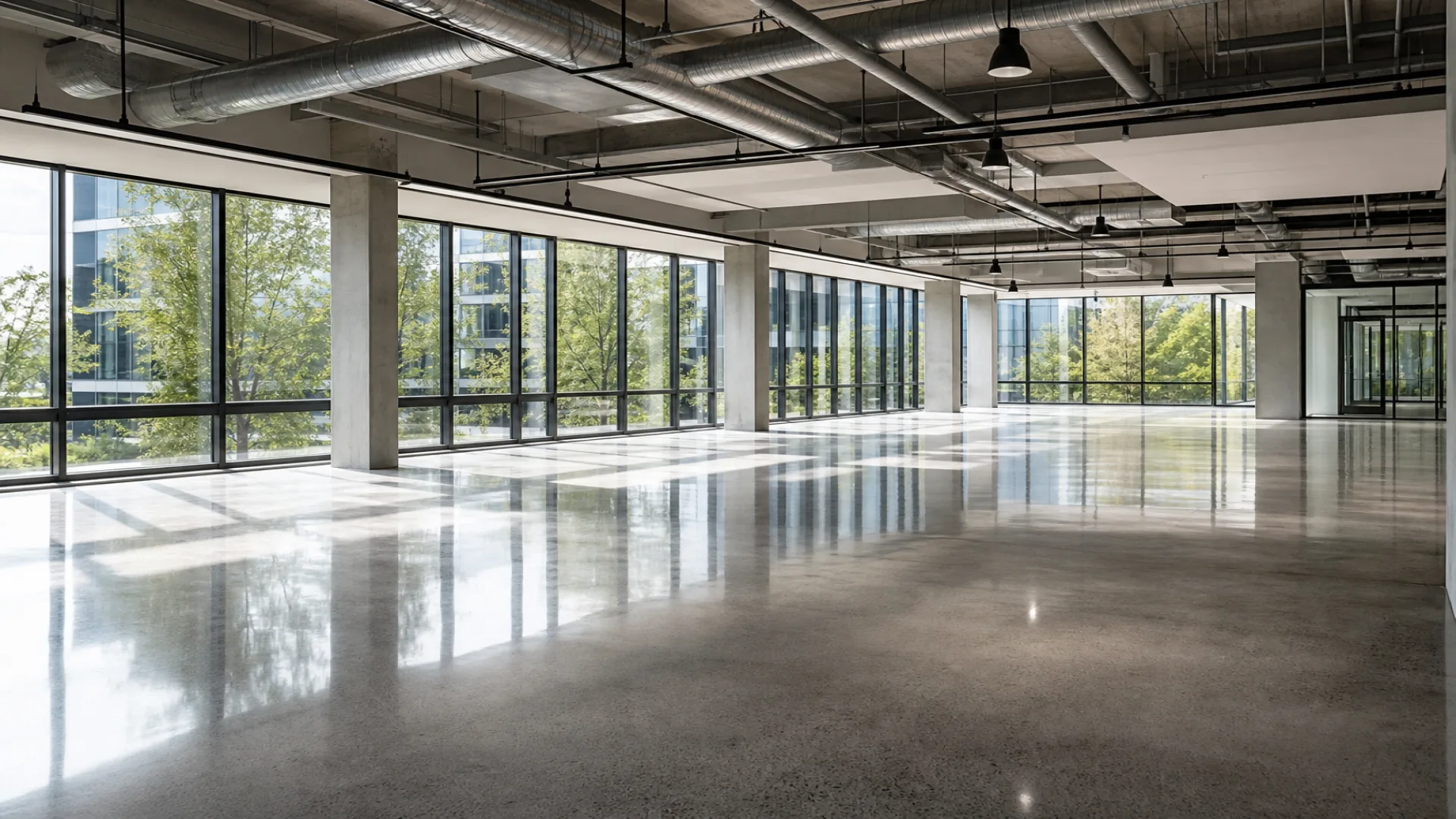 A pristine, modern open-plan corporate office bathed in natural light, featuring spotless floor-to-ceiling glass windows and gleaming polished floors, demonstrating a completely dust-free environment after a professional commercial post-construction cleaning.