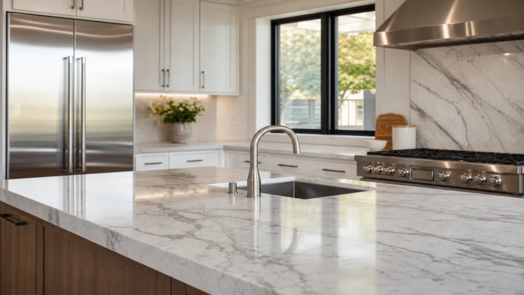 A pristine, newly renovated luxury kitchen featuring a gleaming marble countertop and spotless stainless steel appliances bathed in natural sunlight, showcasing a completely dust-free environment after a professional post-construction cleaning.