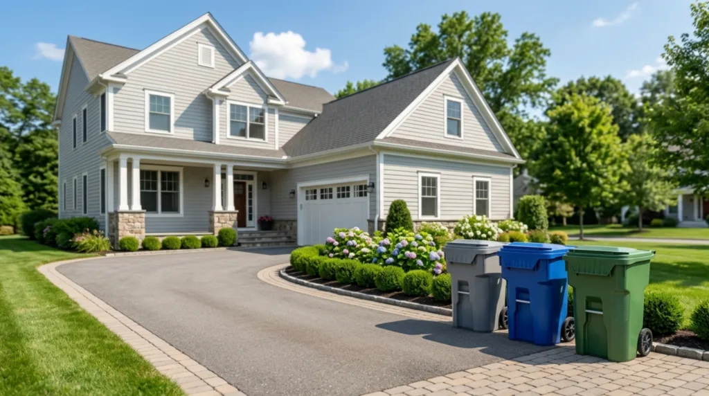 Three clean and neatly organized residential trash bins on a pristine driveway of a New England home on a sunny summer day, showcasing excellent property curb appeal.