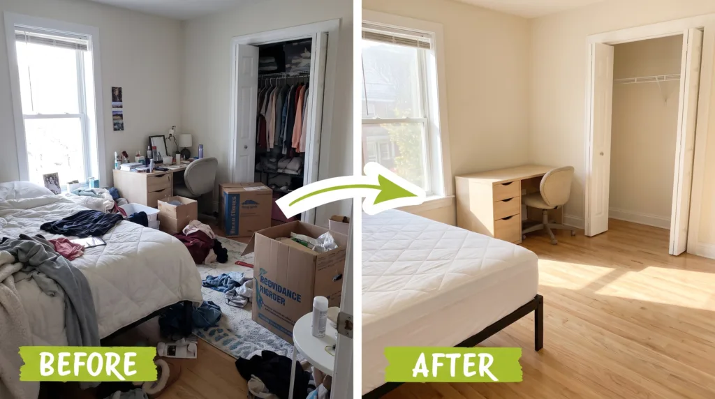 A before-and-after composite image of a bedroom, labeled BEFORE and AFTER, showing chaos turned to order after a summer move out cleaning.