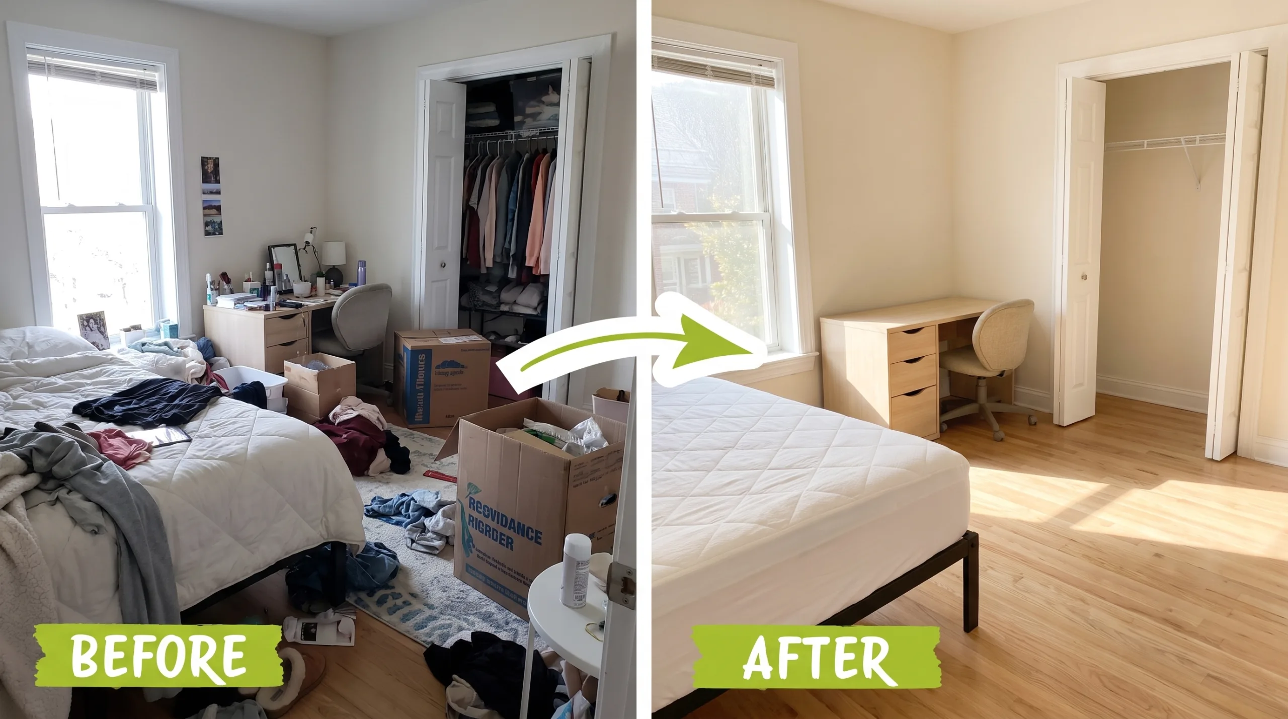 A before-and-after composite image of a bedroom, labeled BEFORE and AFTER, showing chaos turned to order after a summer move out cleaning.